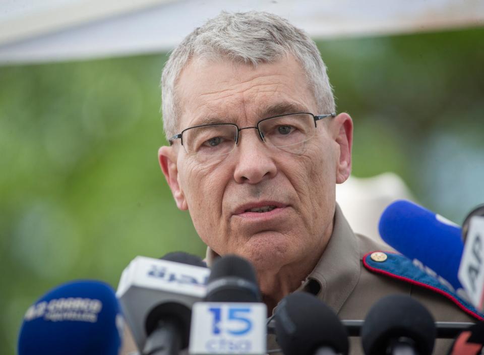 Steven McCraw, director of the Texas Department of Public Safety, answers questions during a press conference in Uvalde, Texas on May 27, 2022.