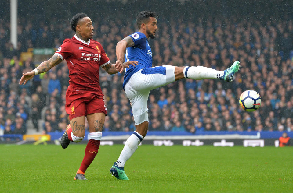 <p>Everton’s Theo Walcott gets the better of Nathaniel Clyne </p>