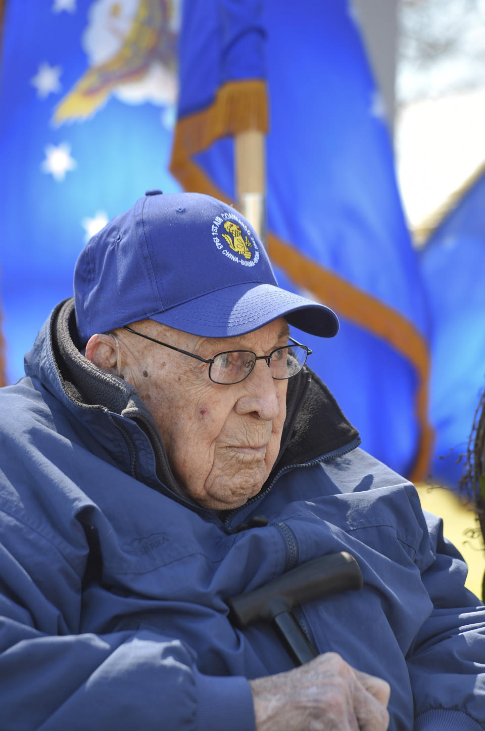 FILE - In this March 5, 2019 file photo, retired Air Force Lt. Col. Dick Cole speaks with well-wishers following a ceremony at Hurlburt Field in Fort Walton Beach, Florida on marking the 75th anniversary of Operation Thursday. Retired Lt. Col. Richard "Dick" Cole, the last of the 80 Doolittle Tokyo Raiders who carried out the daring U.S. attack on Japan during World War II, has died at a military hospital in Texas. He was 103. A spokesman says Cole died Tuesday, April 9, 2019, at Brooke Army Medical Center in San Antonio, Texas. (Devon Ravine/Northwest Florida Daily News via AP, File)