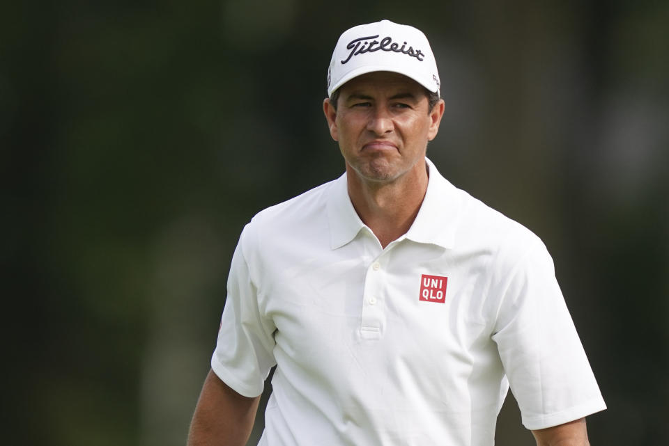 Adam Scott reacts on the sixth hole during practice before the U.S. Open Championship golf tournament at Winged Foot Golf Club, Monday, Sept. 14, 2020, in Mamaroneck, N.Y. (AP Photo/John Minchillo)