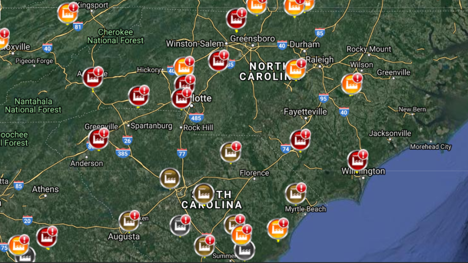 A map of coal ash sites, provided by Southeast Coal Ash, an organization that includes the Southern Environmental Law Center, which is litigating against Duke Energy over coal ash issues.