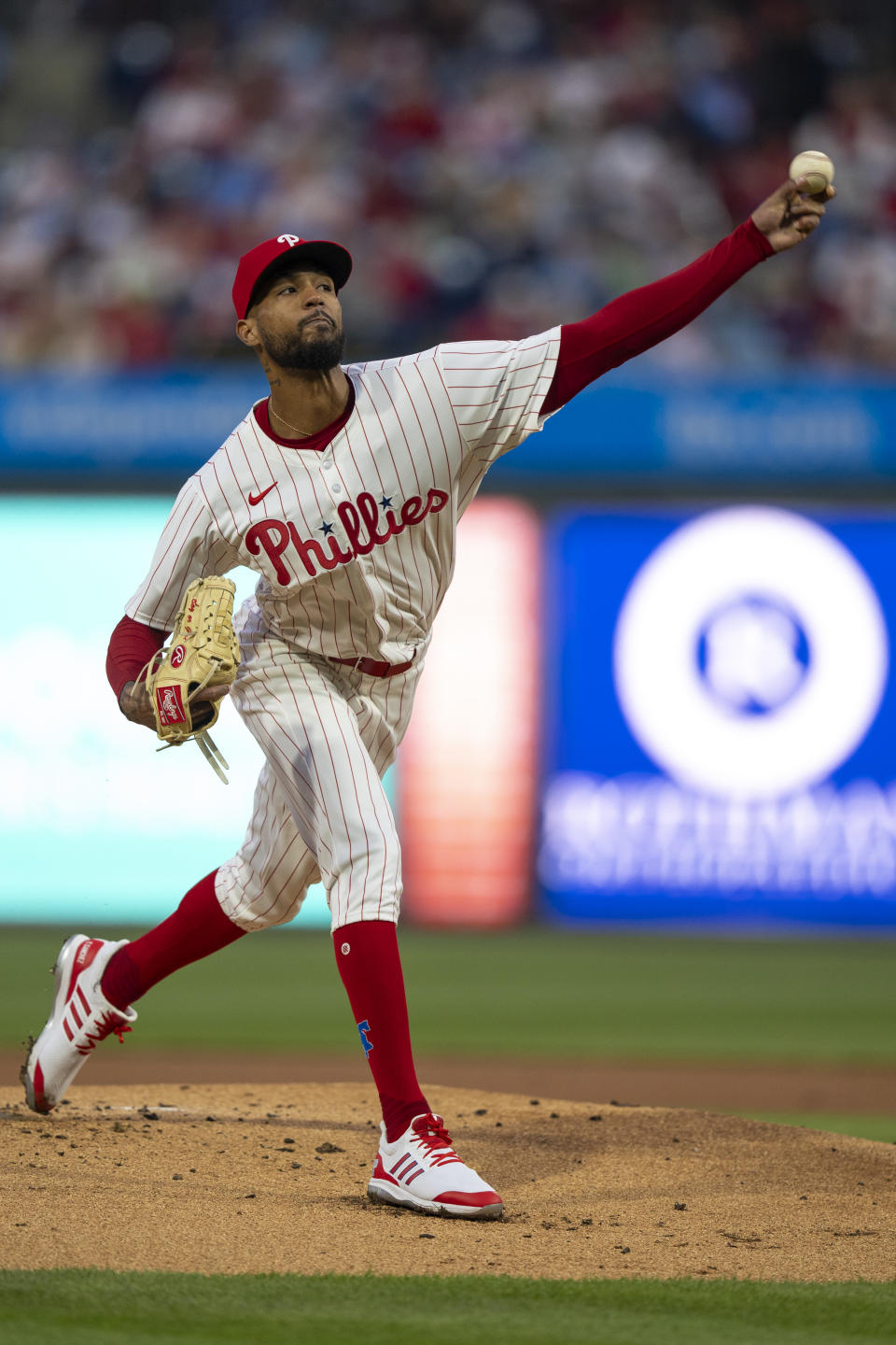 Philadelphia Phillies starting pitcher Cristopher Sanchez delivers during the first inning of a baseball game against the Cincinnati Reds, Monday, April 1, 2024, in Philadelphia. (AP Photo/Chris Szagola)
