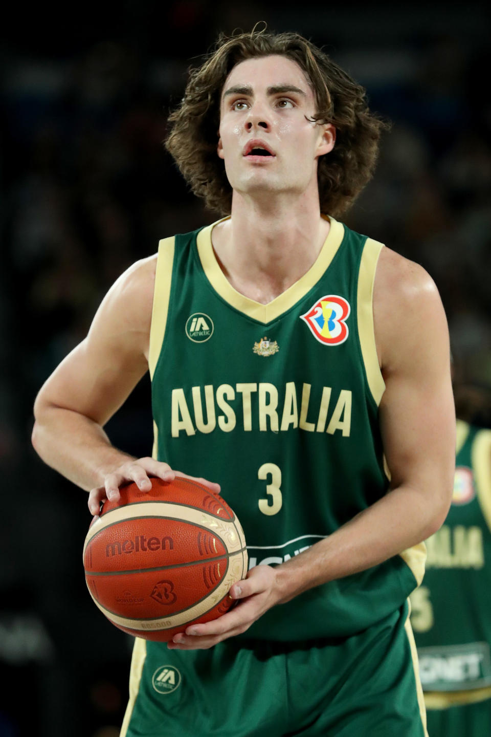 MELBOURNE, AUSTRALIA – AUGUST 16: Josh Giddey of Australia of Australia takes a free throw during the match between the Australia Boomers and Brazil at Rod Laver Arena on August 16, 2023 in Melbourne, Australia. (Photo by Kelly Defina/Getty Images)