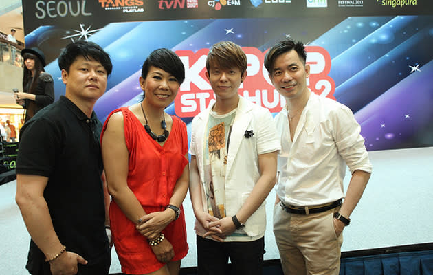 Judges for TvN Star Hunt's Singapore finals - Park Jae Hyun, Irene Ang, Tony An, and Eddy Tan