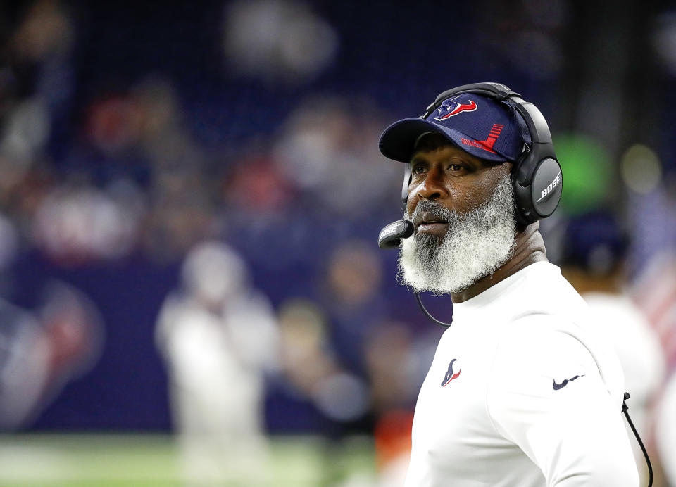 HOUSTON, TEXAS - SEPTEMBER 23: Houston Texans defensive coordinator Lovie Smith on the sidelines before playing the Carolina Panthers at NRG Stadium on September 23, 2021 in Houston, Texas. (Photo by Bob Levey/Getty Images)