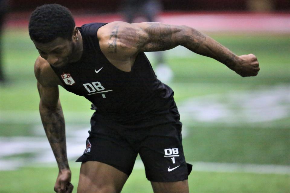 Ball State football cornerback Nic Jones during the program's Pro Day at the Scheumann Family Indoor Practice Center on Monday, March 27, 2023.