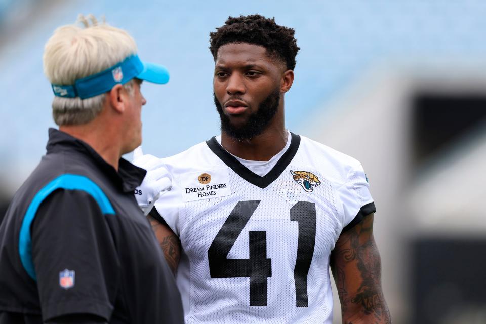 Jacksonville Jaguars linebacker Josh Allen (41) talks with head coach Doug Pederson after practice during the first day of a mandatory minicamp Monday, June 12, 2023 at TIAA Bank Field in Jacksonville, Fla. This is the first of a three day camp June 12-14. 
