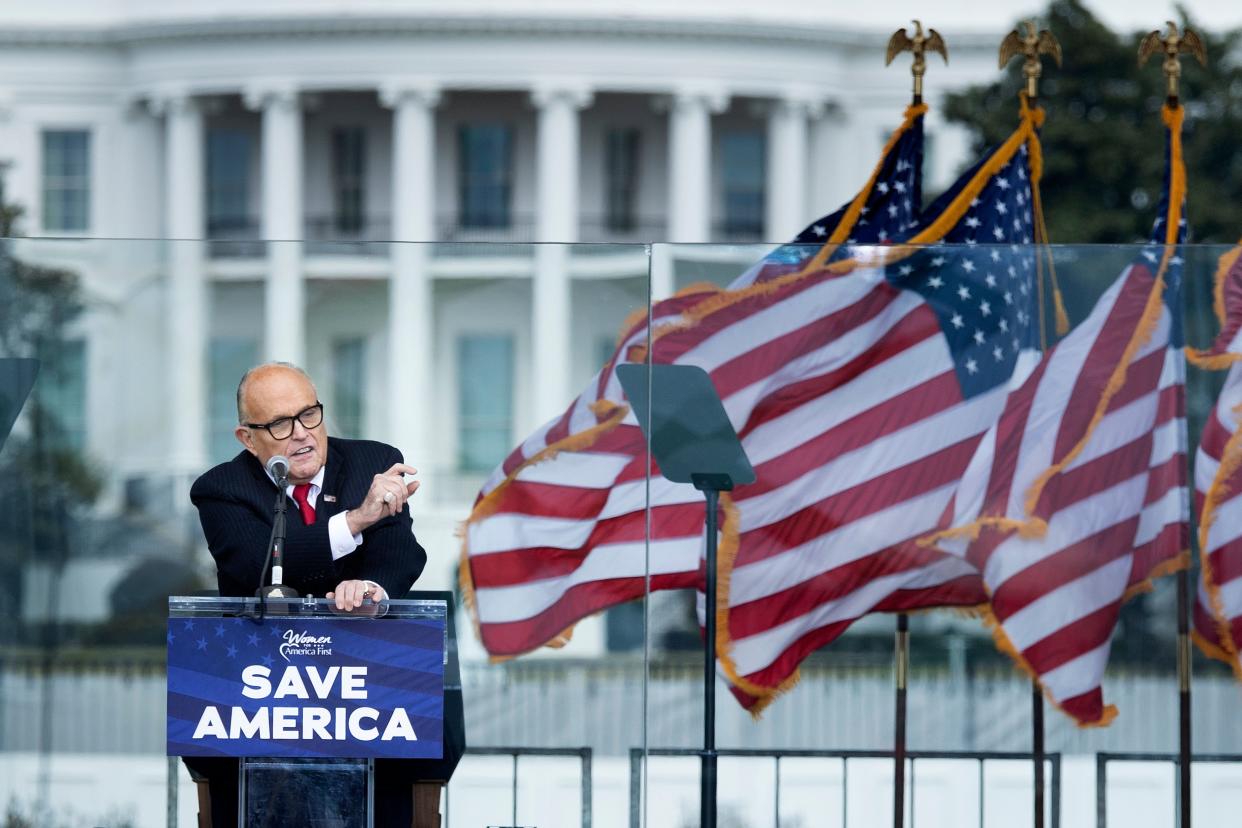 Then-President Donald Trump's personal lawyer Rudy Giuliani speaks to supporters from The Ellipse near the White House on January 6, 2021, in Washington, DC. 