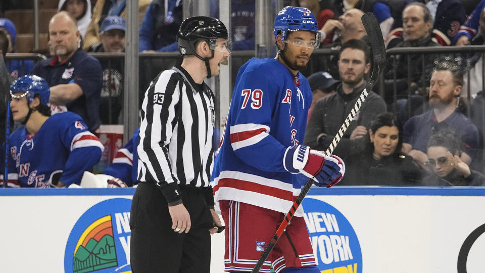 K'Andre Miller of the New York Rangers was given a match penalty for spitting. (AP Photo/Frank Franklin II)