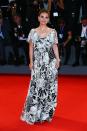 <p>A patterned Valentino dress disguised the star’s baby bump at the ‘Jackie’ premiere in Venice. [Photo: Getty] </p>