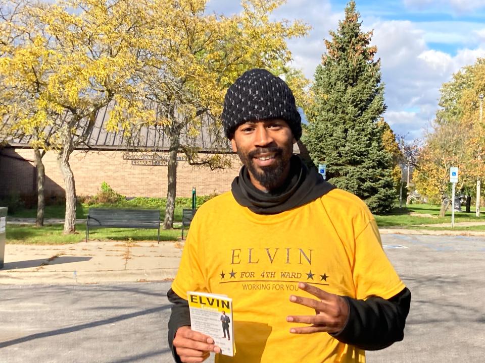 Ward 4 candidate Elvin Caldwell was outside the Letts Community Center Nov. 2, 2021, answering voters' last-minute questions.
