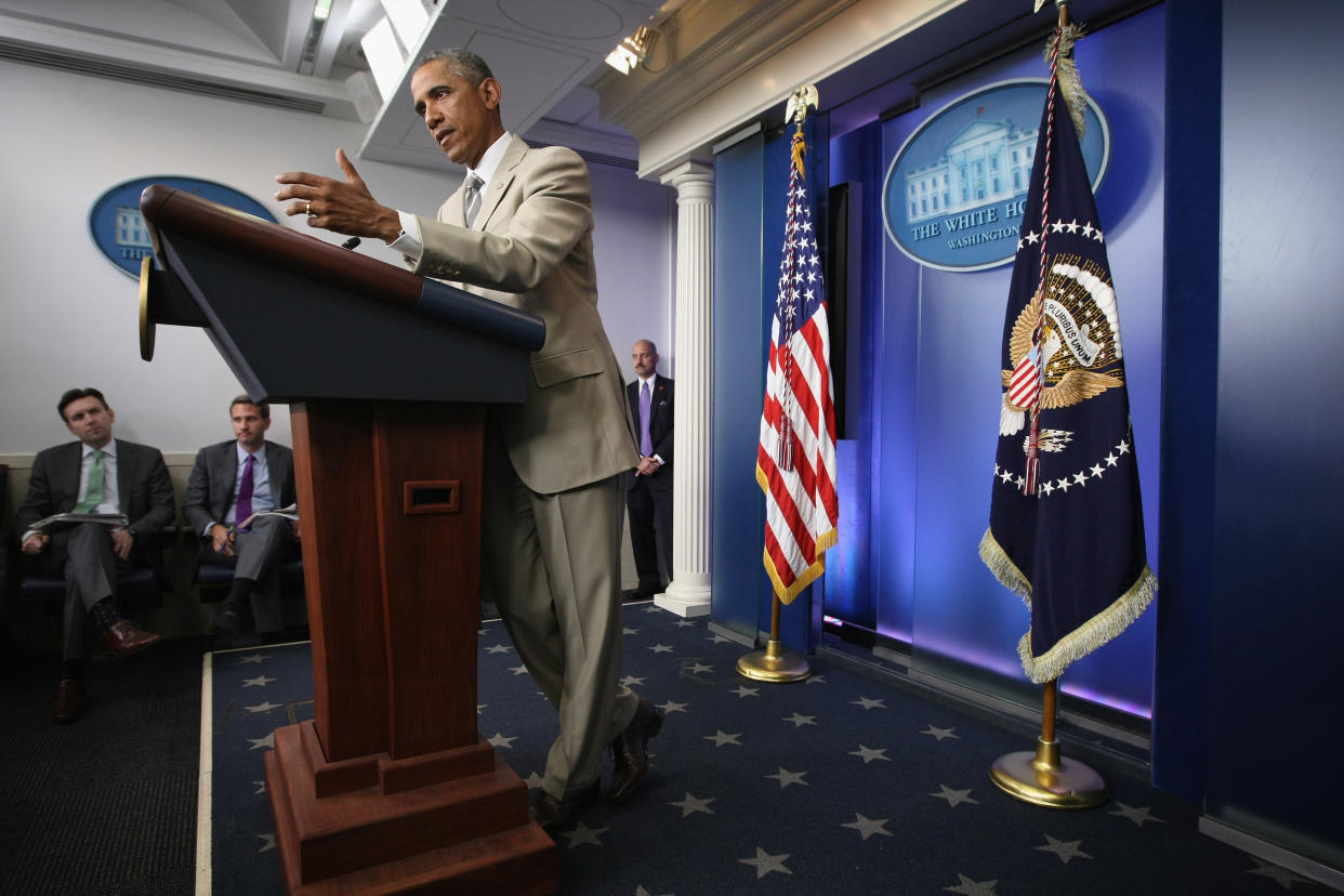 WASHINGTON, DC - AUGUST 28:  U.S. President Barack Obama makes a statement at the James Brady Press Briefing Room of the White House August 28, 2014 in Washington, DC. President Obama spoke on various topics including possible action against ISIL and immigration reform.  (Photo by Alex Wong/Getty Images)