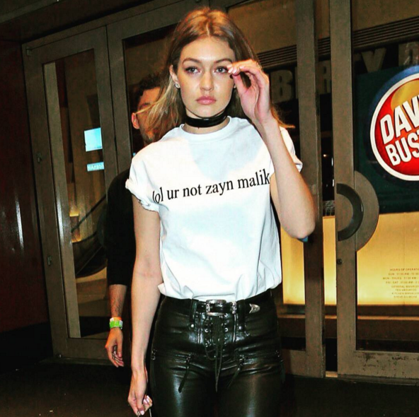 Gigi Hadid wearing a shirt that says “lol Ur Not Zayn Malik” in New York City. 