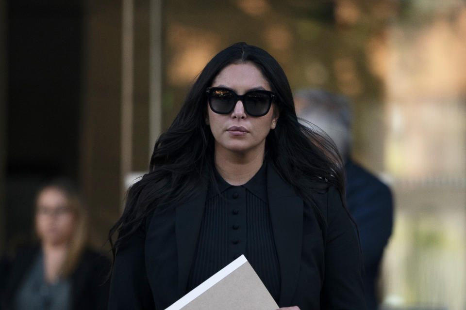 Vanessa Bryant, the widow of Kobe Bryant, leaves a federal courthouse in Los Angeles, Wednesday, Aug. 10, 2022. Kobe Bryant's widow is taking her lawsuit against the Los Angeles County sheriff's and fire departments to a federal jury, seeking compensation for photos deputies shared of the remains of the NBA star, his daughter and seven others killed in a helicopter crash in 2020. (AP Photo/Jae C. Hong)