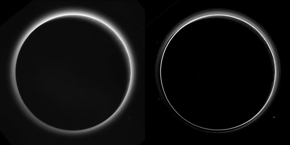 <p>Two images showing Pluto's haze layers. NASA says: " The left version has had only minor processing, while the right version has been specially processed to reveal a large number of discrete haze layers in the atmosphere. In the left version, faint surface details on the narrow sunlit crescent are seen through the haze in the upper right of Pluto's disk, and subtle parallel streaks in the haze may be crepuscular rays- shadows cast on the haze by topography such as mountain ranges on Pluto, similar to the rays sometimes seen in the sky after the sun sets behind mountains on Earth."</p>