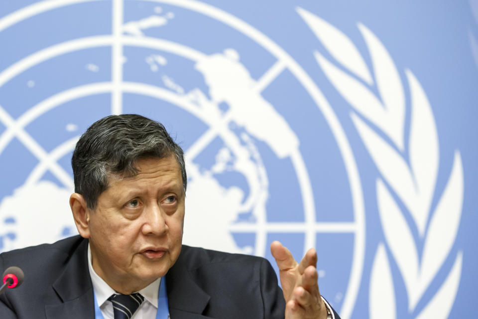 Marzuki Darusman, right, chairperson of the Independent International Fact-finding Mission on Myanmar speaks to the media about the main findings of the UN Special Rapporteur on human rights in Myanmar and the Independent International Fact-Finding Mission on Myanmar during a press conference, at the European headquarters of the United Nations in Geneva, Switzerland, Tuesday, Sept. 17, 2019. (Salvatore Di Nolfi/Keystone via AP)