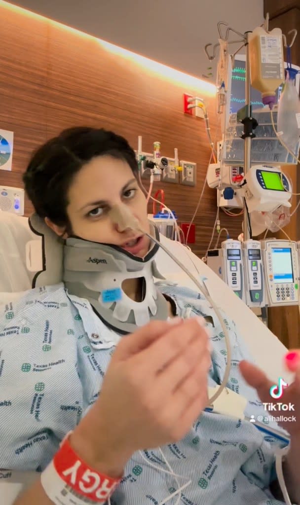 “They moved me to ICU to be constantly monitored, and I’ve had 6 tubes shoved down my throat to get up all the mucus that’s stuck in my lungs and throat,” Hallock told her followers. @alihallock/TikTok