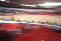 Athletes compete during the track cycling men's omnium tempo race at the 2020 Summer Olympics, Thursday, Aug. 5, 2021, in Izu, Japan. (AP Photo/Thibault Camus)