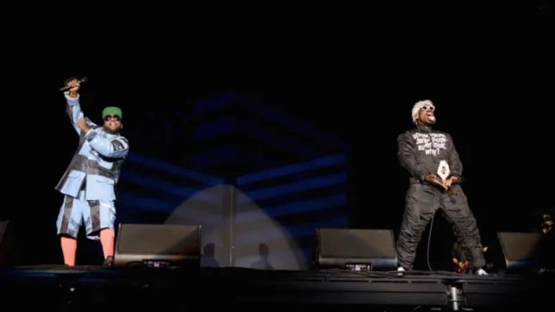 Outkast, the duo of Big Boi (left) and André 3000 (right), now have the biggest-selling hip-hop album of all time, “Speakerboxxx/The Love Below.” Above, the two perform in 2014 at Lollapalooza in Chicago. (Photo: Theo Wargo/Getty Images)