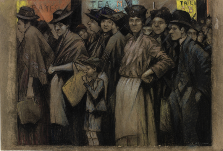 <span class="caption">‘The Food Queue.’</span> <span class="attribution"><span class="source">C R W Nevinson (1918) Imperial War Museum (IWM)</span>, <a class="link " href="http://creativecommons.org/licenses/by-nd/4.0/" rel="nofollow noopener" target="_blank" data-ylk="slk:CC BY-ND;elm:context_link;itc:0;sec:content-canvas">CC BY-ND</a></span>