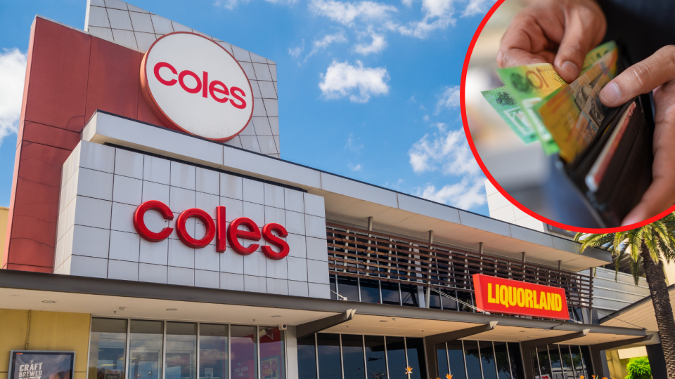 The exterior of a Coles supermarket and a person removing $100 notes from a wallet.