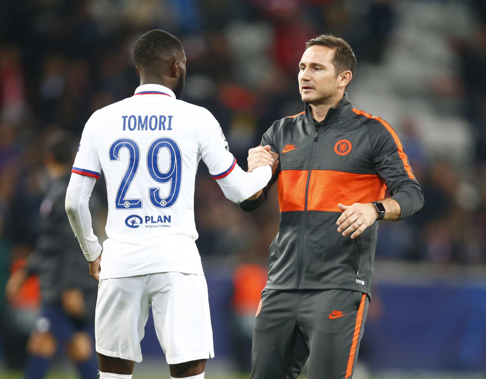 Chelsea manager Frank Lampard  shanks hands with Chelsea's Fikayo Tomori during UAFA Champion League Group H between Lillie OSC and Chelsea at Stade Pierre-Mauroy Stadium , Lillie, France on 02 October 2019    (Photo by Action Foto Sport/NurPhoto via Getty Images)