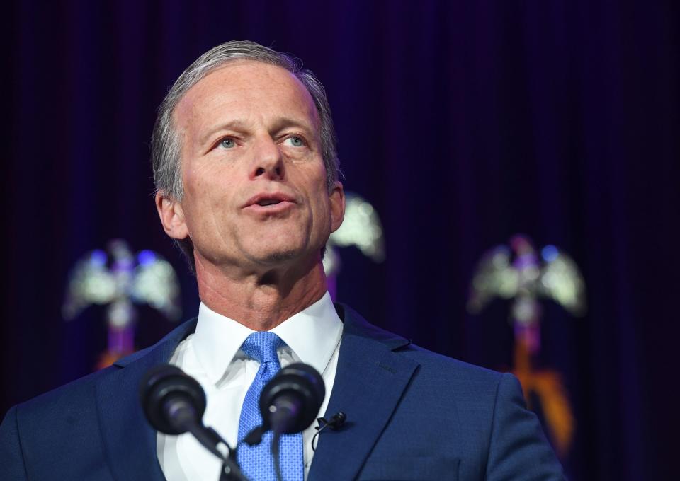 U.S. Senator John Thune speaks after winning re-election on Tuesday evening, November 8, 2022, at the Hilton Garden Inn in Sioux Falls, SD.