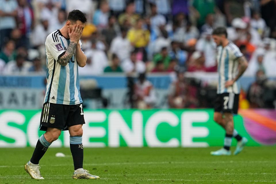 Argentina's Lionel Messi reacts during the World Cup group C soccer match between Argentina and Saudi Arabia at the Lusail Stadium in Lusail, Qatar, Tuesday, Nov. 22, 2022. (AP Photo/Ebrahim Noroozi)