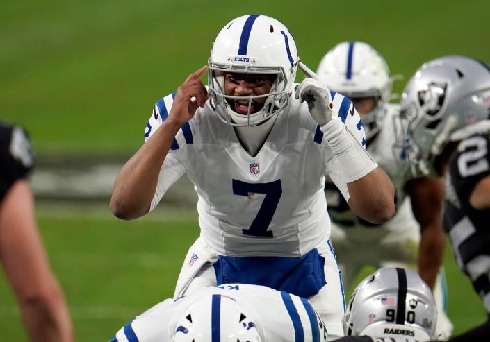 Indianapolis Colts quarterback Jacoby Brissett #7 prepares to take a snap during the second half against the Las Vegas Raiders in an NFL football game, Sunday, Dec. 13, 2020, in Las Vegas.