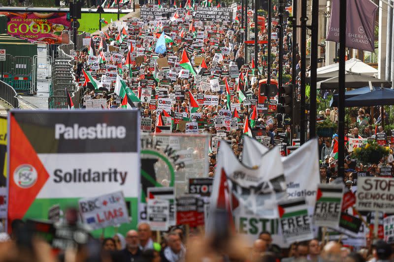 Demonstrators protest in solidarity with Palestinians in Gaza, in London