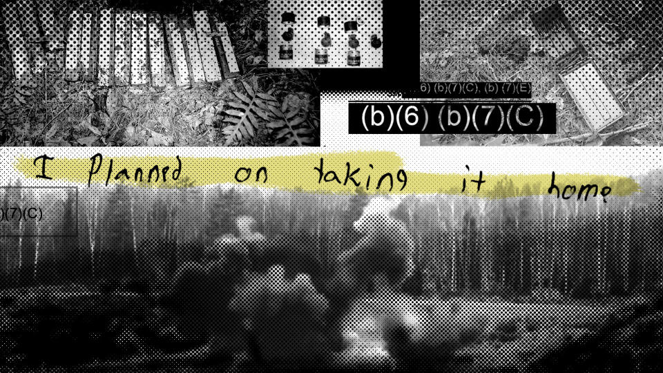 A photo illustration combining a defendant’s written statement in the case of explosives he stole from Camp Lejeune, North Carolina, evidence photos of fragmentation grenades, evidence photos of C4 explosives, document exemption blocks, and a screen capture of an explosion from a generic demolition exercise video. (AP Illustration)