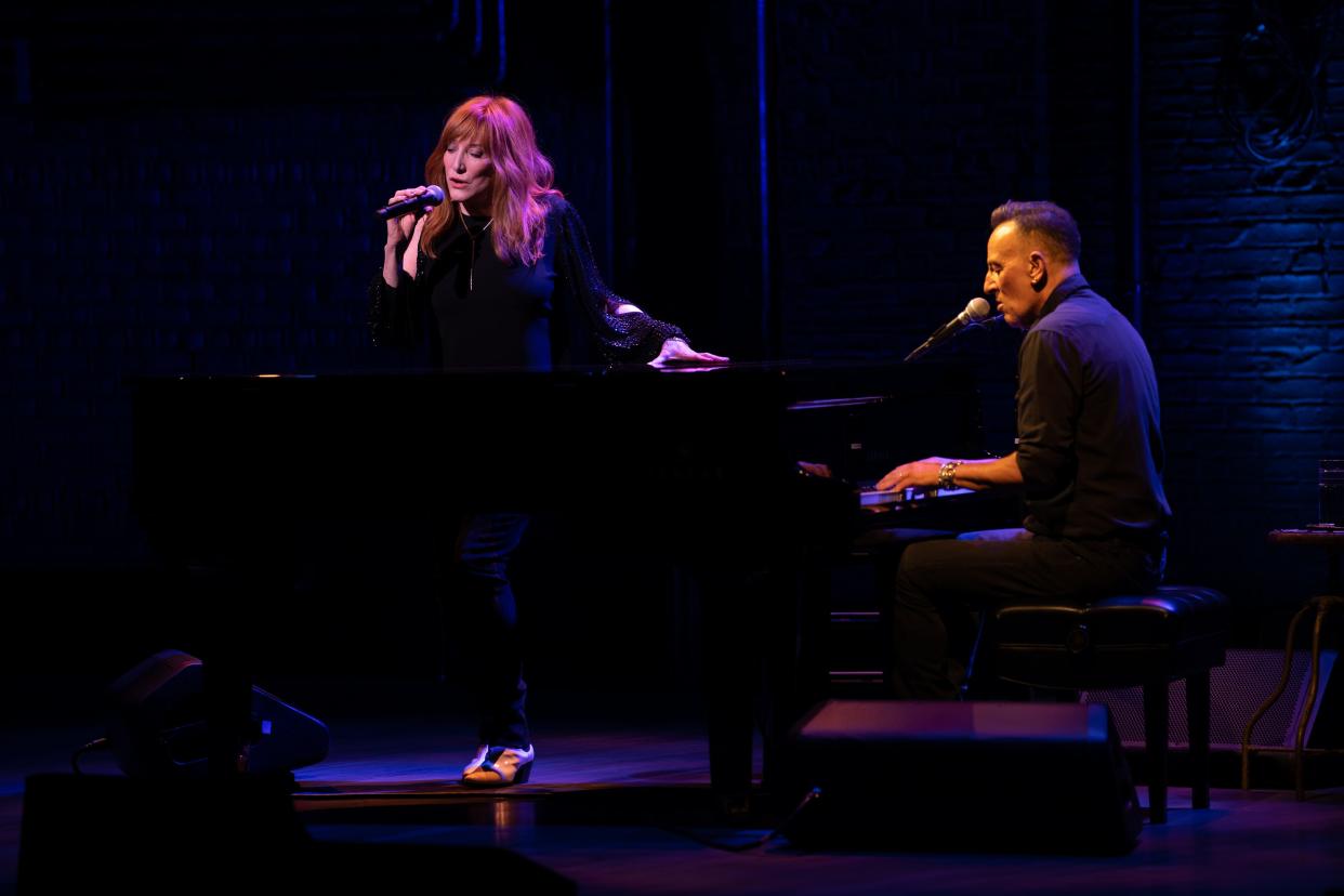 Bruce Springsteen and Patti Scialfa perform June 26, 2021, during the re-opening of "Springsteen on Broadway" at the St. James Theatre in New York.