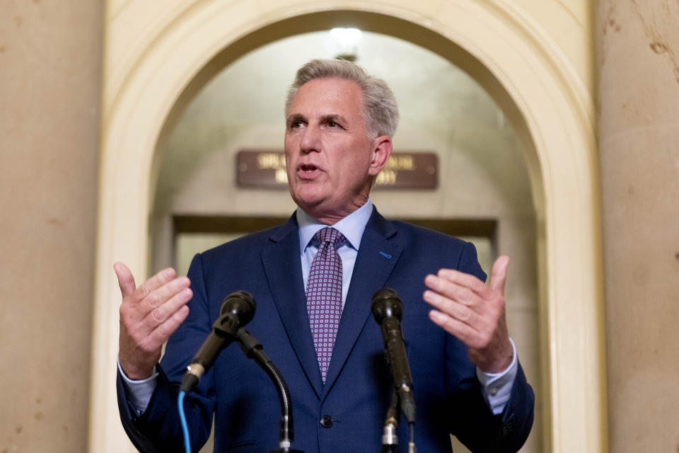 FILE - House Majority Leader Kevin McCarthy of Calif., speaks to reporters outside his office at the Capitol Building in Washington, Tuesday, May 9, 2023, after meeting about the debt limit with President Joe Biden at the White House. (AP Photo/Andrew Harnik, File)