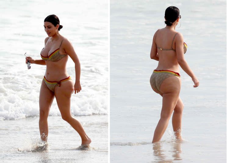 <i>Kim Kardashian was body-shamed after bikini photos revealed her cellulite [Photo: FameFlynet]</i>