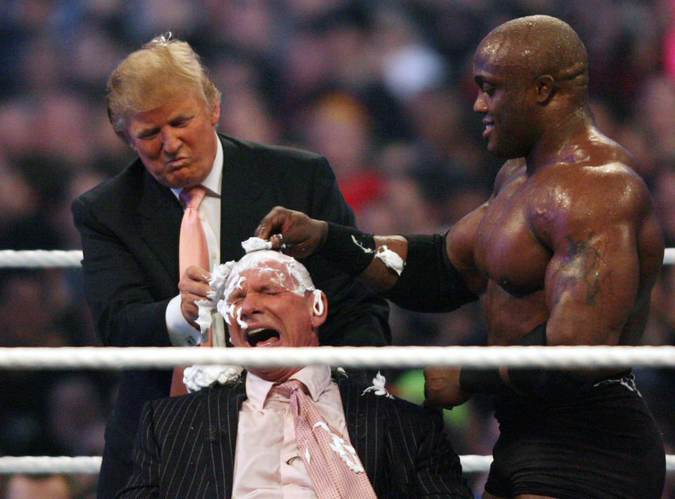 Donald Trump and Bobby Lashley shave Vince McMahon's head at Wrestlemania 23