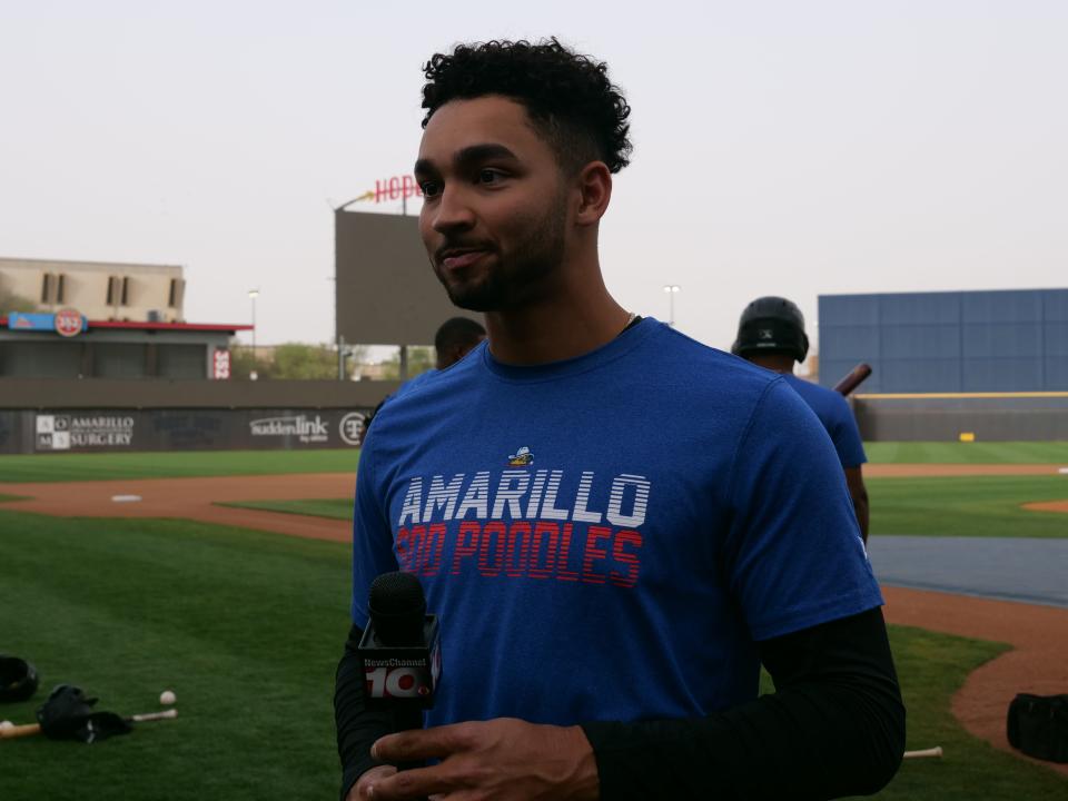 Amarillo Sod Poodles shortstop Jordan Lawler talks to the media during Media Day on Tuesday, April 4, 2023 at Hodgetown Ball Park.