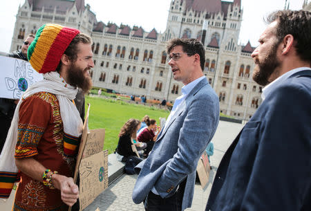 Members of the European Greens party Bas Eickhout and Gabor Vago campaign for the European Elections in Budapest, Hungary May 3, 2019. Gabor Banko/Handout via REUTERS.