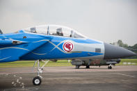 <p>An RSAF50-themed F-15SG on static display at Tengah Air Base. (PHOTO: Dhany Osman / Yahoo News Singapore) </p>