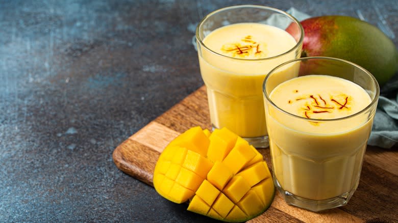 mango lassi topped with saffron