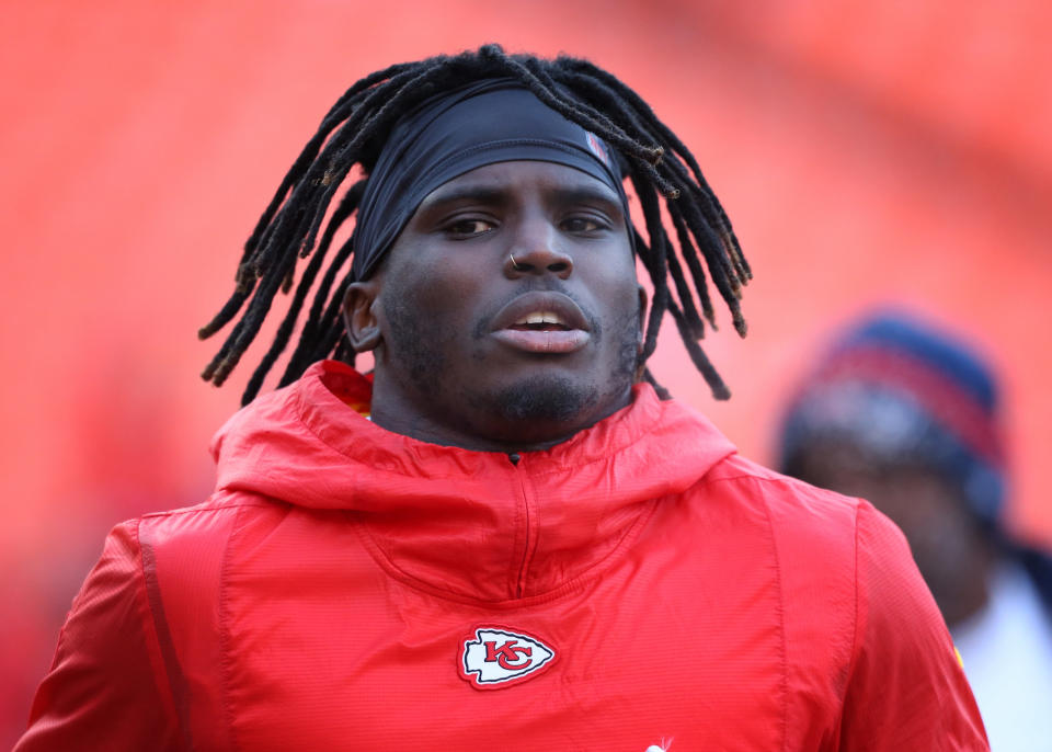 KANSAS CITY, MO - JANUARY 20: Kansas City Chiefs wide receiver Tyreek Hill (10) before the AFC Championship Game game between the New England Patriots and Kansas City Chiefs on January 20, 2019 at Arrowhead Stadium in Kansas City, MO. (Photo by Scott Winters/Icon Sportswire via Getty Images)