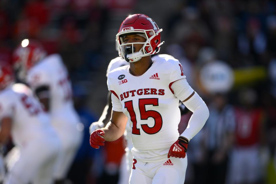 Rutgers wide receiver Max Patterson (15) in action during the first half of an NCAA college football game against Maryland, Saturday, Nov. 26, 2022, in College Park, Md.