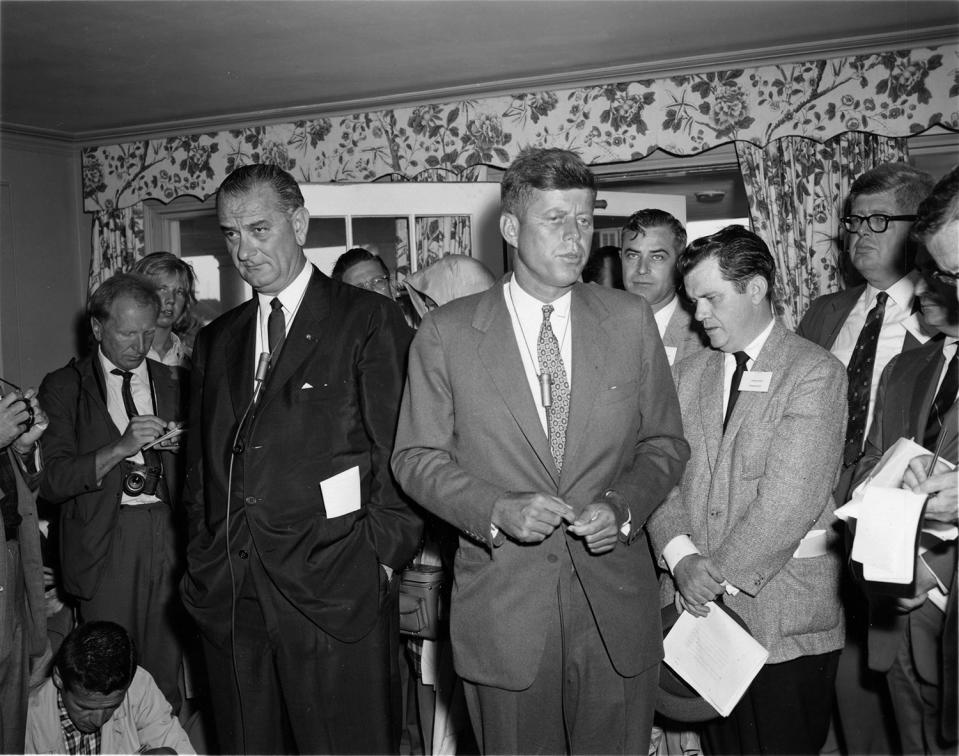 <p>Sens. Lyndon Baines Johnson, left, and John F. Kennedy address journalists at a joint press conference from the Kennedy home, July 30, 1960, in Hyannis Port, Mass. (Photo: Fay Foto Service/John F. Kennedy Presidential Library and Museum) </p>