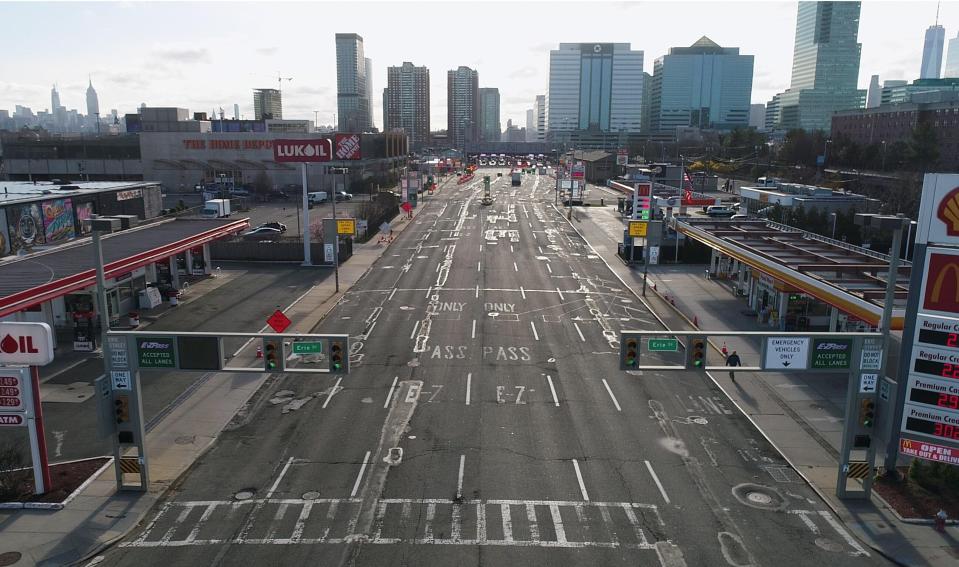 A drone image shows a nearly empty entrance to the Holland Tunnel around 8:15 a.m. on April 1, 2020, in New York City.