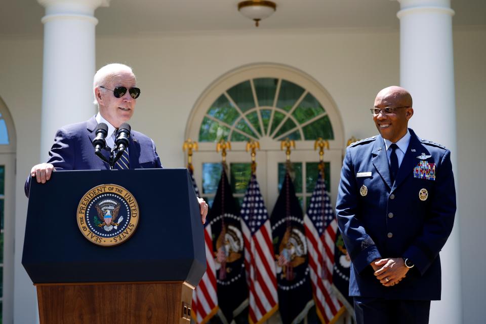 President Joe Biden announces his intent to nominate Gen. Charles Q. Brown, Jr. to serve as the next Chairman of the Joint Chiefs of Staff during an event in the Rose Garden of the White House May 25, 2023 in Washington, DC. Brown is currently serving as the U.S. Air Force Chief of Staff.