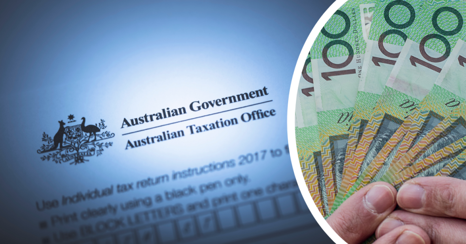 The Australian Taxation Office letter head and a person holding $100 notes