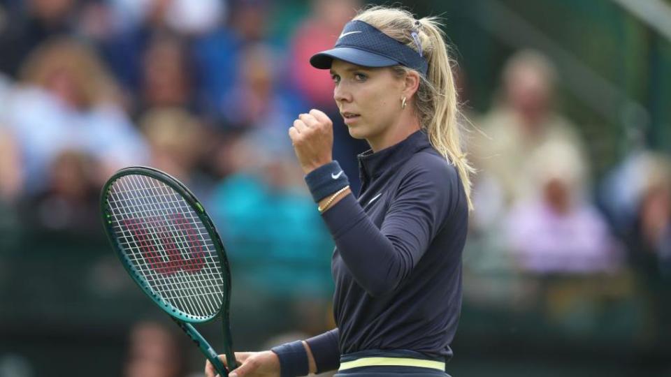 Katie Boulter punches the air to celebrate