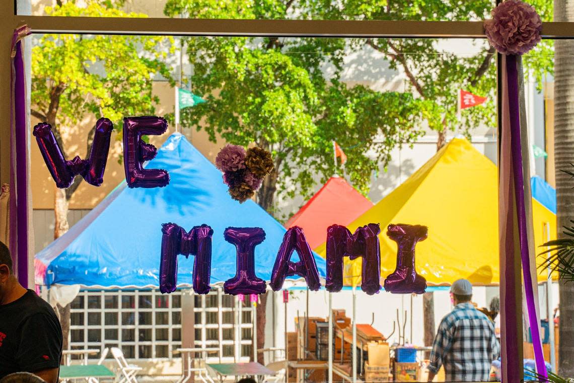 Balloons are seen on the window during Give Miami Day at Miami Dade College in Miami, Florida on Thursday, November 17, 2022.