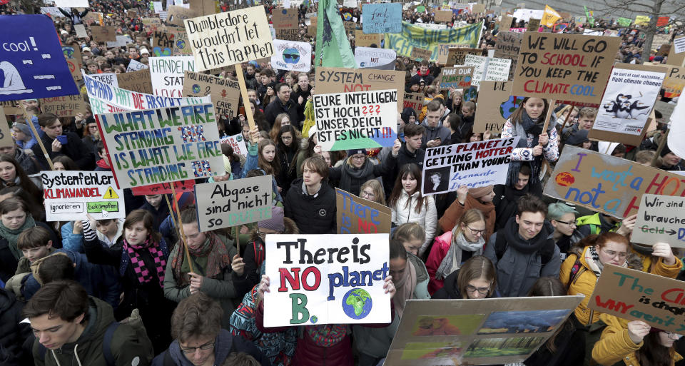 Students attend a protest ralley of the 'Friday For Future Movement' in Berlin, Germany, Friday, March 15, 2019. (AP Photo/Michael Sohn)