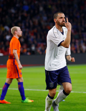 Football Soccer - Netherlands v Italy - International Friendly - Arena Stadium, Amsterdam, Netherlands - 28/3/17 - Italy’s Leonardo Bonucci gestuers after scoring a goal against the Netherlands. REUTERS/Michael Kooren