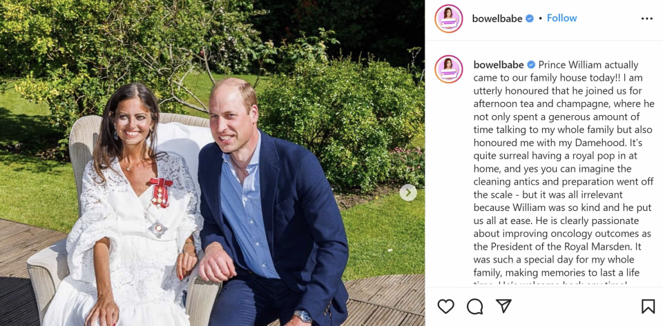 Deborah James posted on social media when the Duke of Cambridge conferred her damehood last month. (PA)